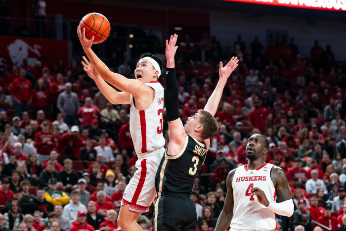 Nebraska guard Keisei Tominaga shoots the ball against Purdue guard Braden Smith during the first half Tuesday night at Pinnacle Bank Arena in Lincoln. (Jan 9, 2024)